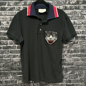 Gucci Black Polo with Embroidered Tiger and Red-Blue Collar